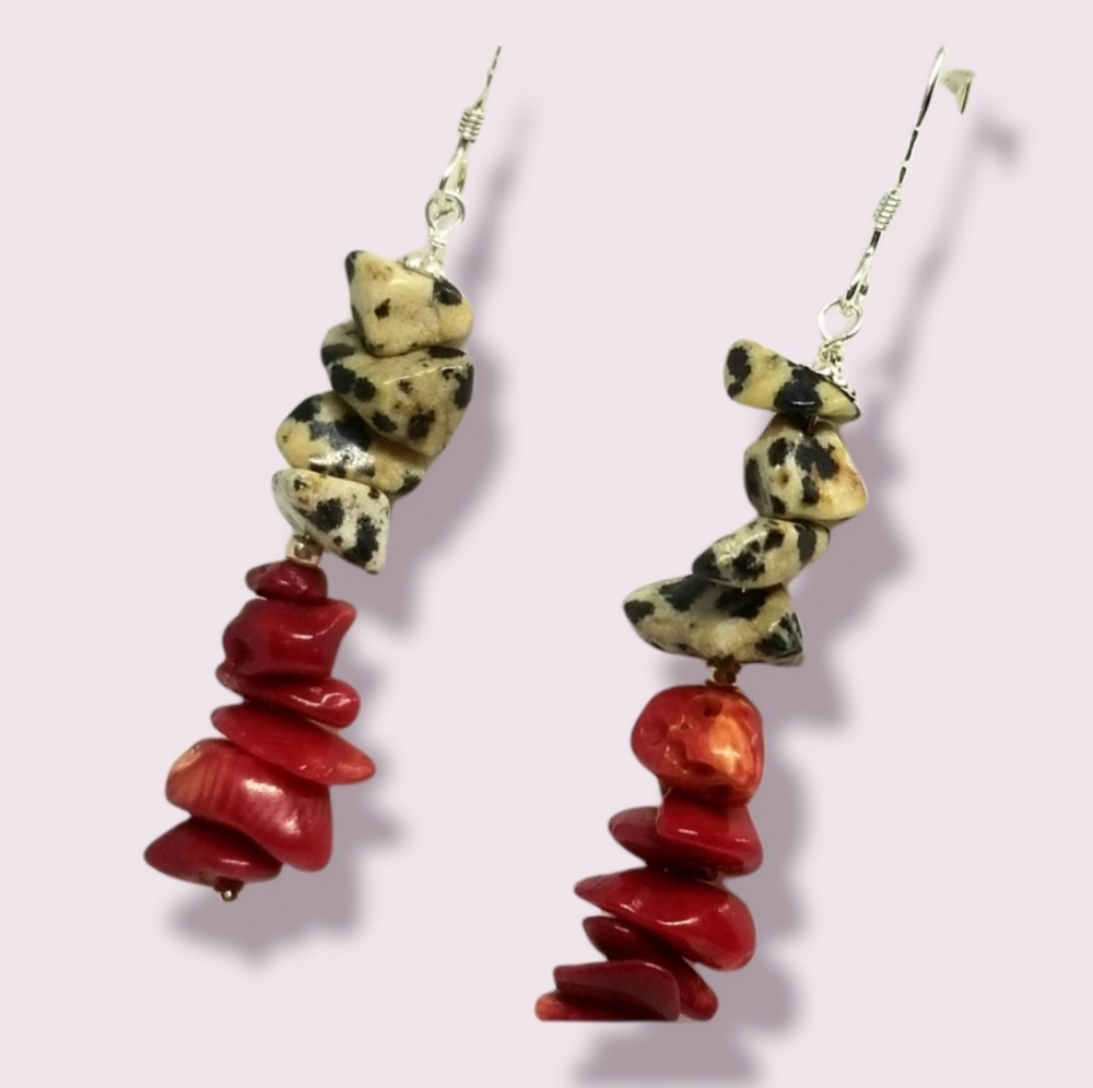 Dalmatian jasper and coral drop earrings Sterling silver